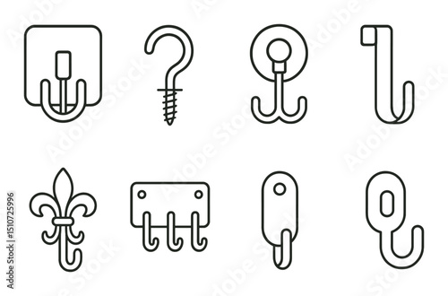 Wall hooks linear icon set. decorative hanging solutions and mount symbols