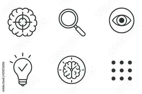 Brain and focus icon set in silhouette style. attention and concentration symbols