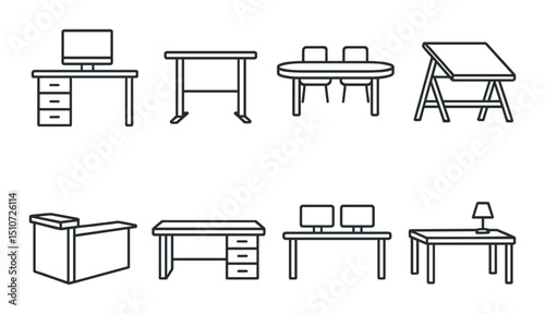 Office desk silhouette icon set. workspace, furniture, and interior symbols