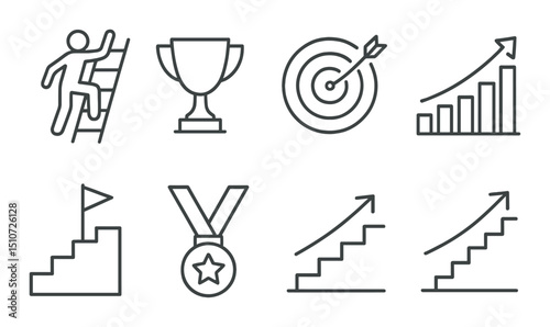Success and achievement linear style icon set. progress and goal symbols