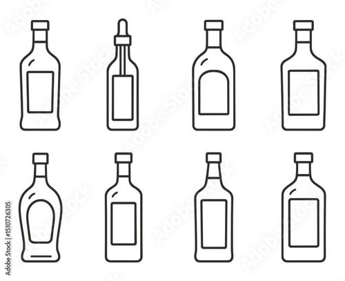 Cocktail bottle icon set: linear style bar and beverage drinking symbols