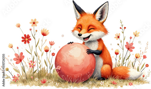 Joyful fox playing with a large ball among colorful flowers celebrating Children's Day, kids illustration