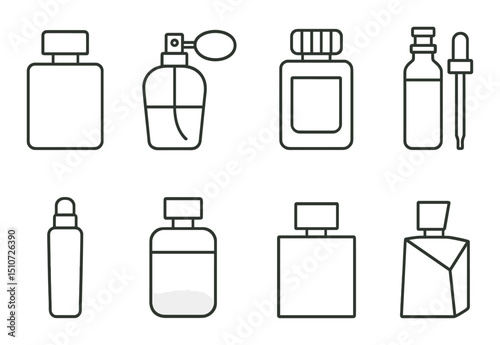 Perfume bottles icon set in linear style. fragrance and aroma design elements