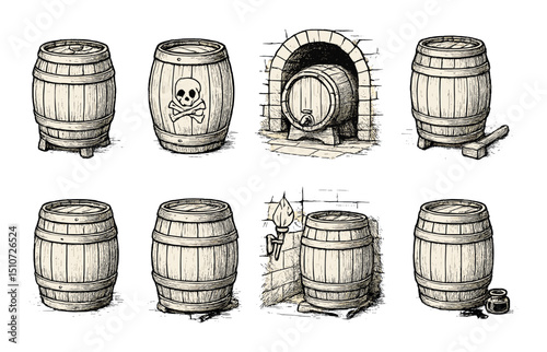Historical barrel icon set. simple linear style for vintage cask and keg designs