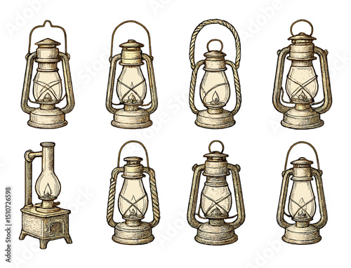 Rustic kerosene lamps silhouette icon set. vintage and antique lighting designs