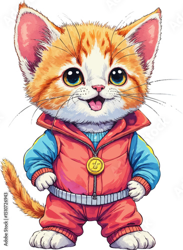 Kitten in sports suit proudly showing off a medal, perfect for sports day celebrations with vibrant colors, kids illustration