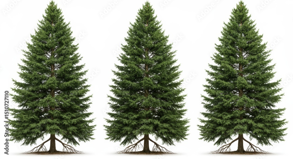 Obraz premium Three lush green coniferous trees with visible roots on a plain white background, perfect for nature-themed designs