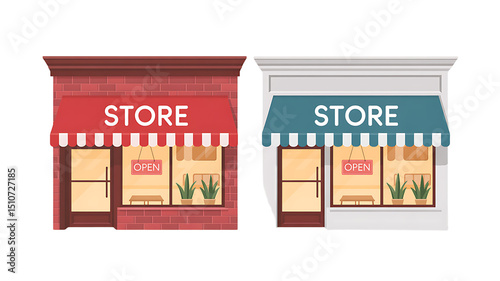 Two inviting storefront designs featuring awnings red and teal perfect for retail business branding and website graphics