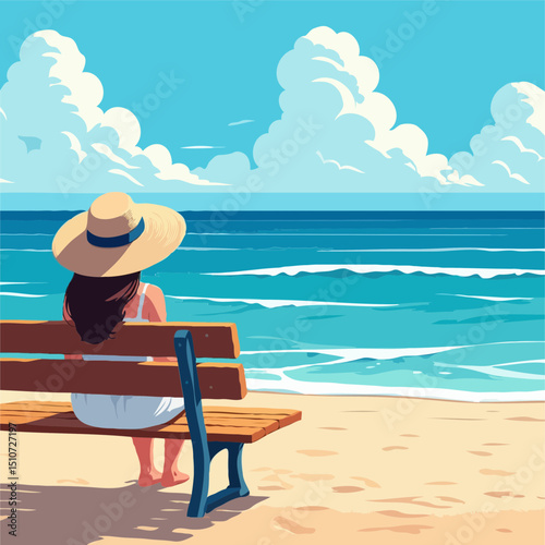 Woman relaxing on beach bench summer vacation