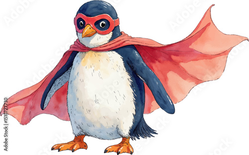 Penguin dressed as a superhero in watercolor style illustration with playful colors isolated on white, kids illustration