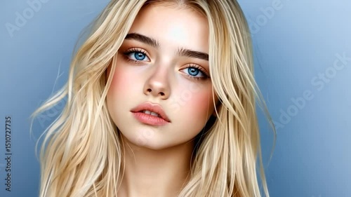 Blonde hair girl portrait on light blue background fashion and beauty