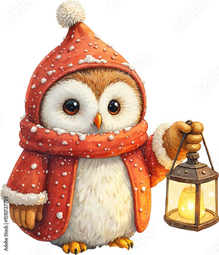 Owl in a cozy winter coat with a lantern under gently falling snow for festive holiday cheer, kids illustration