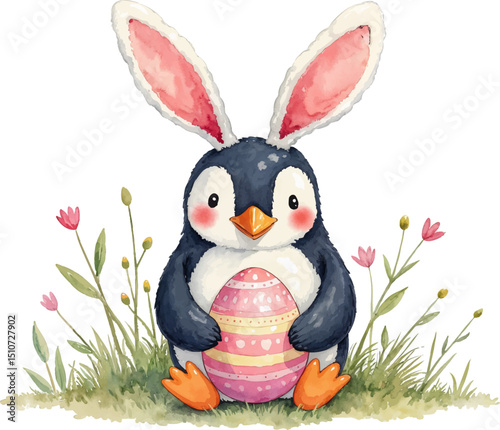 Penguin with bunny ears holds a colorful Easter egg in cheerful watercolor illustration for festive spring celebrations, kids illustration