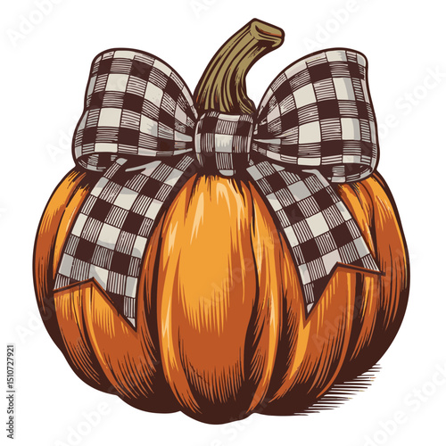 A fresh, orange Halloween pumpkin with a festive ribbon sits among autumn decorations, a sweet and healthy symbol of the fall harvest holiday