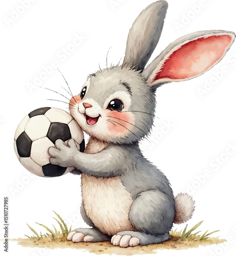 Playful bunny enjoys a tiny soccer ball with a joyful smile in a bright watercolor illustration, kids illustration