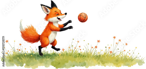 Playful fox bounces a ball in a vibrant meadow filled with flowers during a cheerful sports day celebration, kids illustration