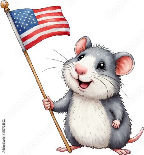 Proud hamster holding a tiny flag celebrates freedom with joy in a watercolor illustration featuring soft, patriotic colors, kids illustration