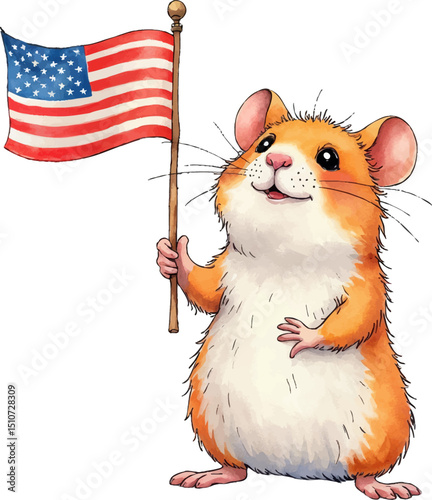 Proud hamster joyfully waving a tiny flag in watercolor style, celebrating independence with patriotic colors, kids illustration