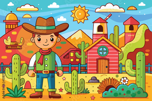Cartoon Cowboy in a Wild West Town with Cacti and Sun