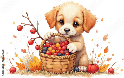 Puppy holding a basket filled with forest berries in a cozy autumn setting, kids illustration