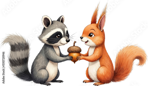 Raccoon and squirrel joyfully sharing an acorn in a watercolor illustration celebrating friendship, kids illustration