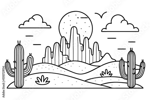 Minimalist Desert Landscape with Cacti Mountains Moon and Clouds Line Art