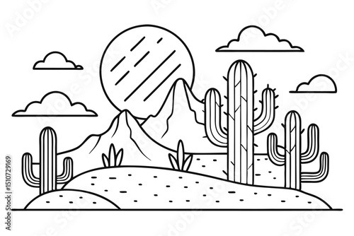 Minimalist Desert Landscape Illustration with Cacti Mountains Sun and Clouds in Black and White