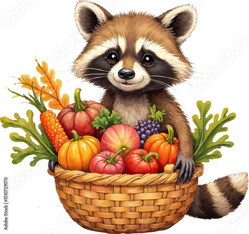Raccoon holding a basket of fresh vegetables and fruits in warm autumn colors for Thanksgiving celebration, kids illustration