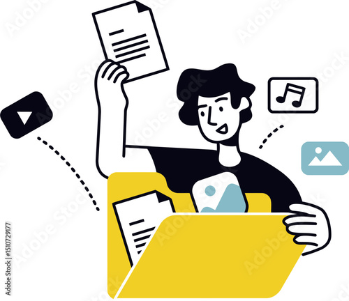 Organizing digital files documents images music folder vector illustration data management system app vector art illustration