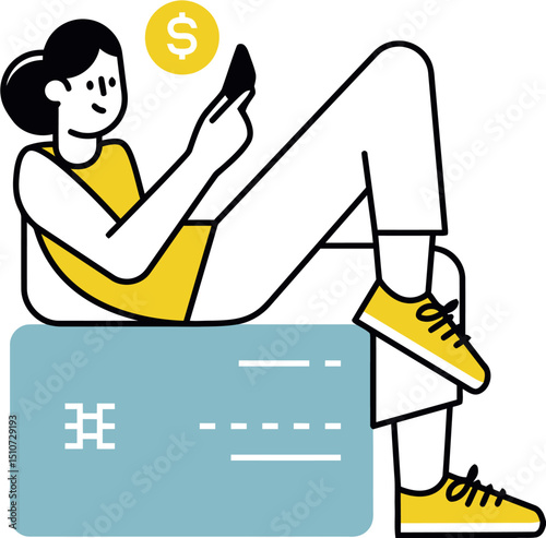 Woman banking online with credit card and mobile phone earning money financial freedom and investment plan vector art illustration