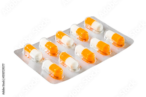 blister with medical orange and white capsules, isolated on white background with clipping path