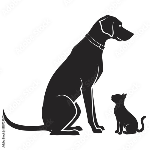 A black silhouette of a dog with a collar sitting next to a smaller black cat looking up at the dog