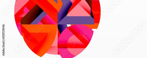 Abstract geometric shapes overlap, creating vibrant colorful composition. Reds, purples dominate white background. Modern design element.
