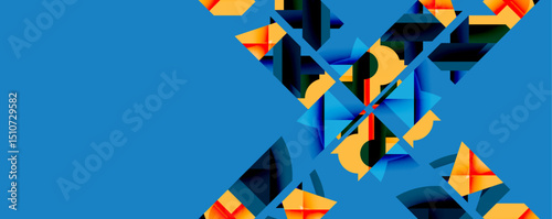 Abstract geometric shapes dominate image. Blue background contrasts vibrant orange, black elements. Modern design, sharp angles present.