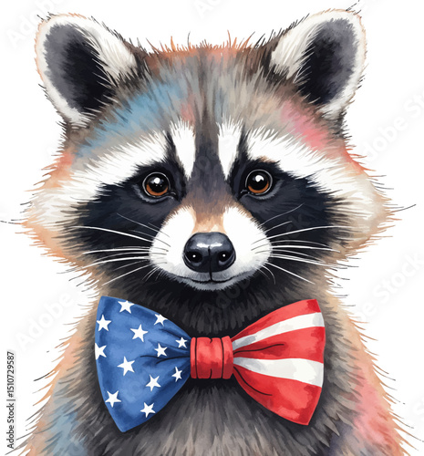 Raccoon in a patriotic bow tie illustration with soft tones for Independence Day celebrations, kids illustration