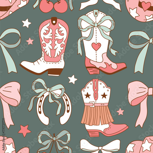 Seamless vector pattern with western cowgirl boots and bows. Hand drawn girly rodeo background. EPS 10 vector file. Perfect for textile, wallpaper or nursery print design.