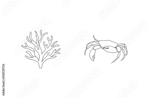 Simple minimalist outlined crab and coral illustration against a clean white background