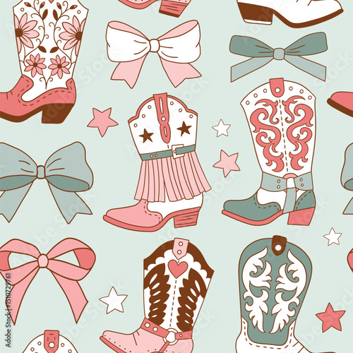 Seamless vector pattern with western cowgirl boots and bows. Hand drawn girly rodeo background. EPS 10 vector file. Perfect for textile, wallpaper or nursery print design.
