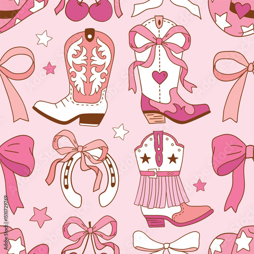 Seamless vector pattern with western cowgirl boots and bows. Hand drawn girly rodeo background. EPS 10 vector file. Perfect for textile, wallpaper or nursery print design.