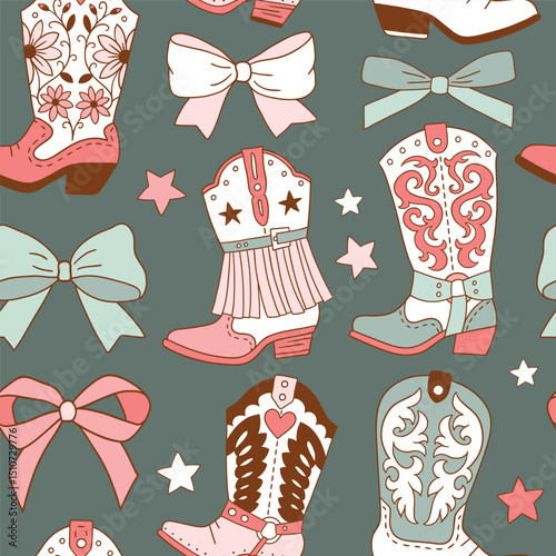 Seamless vector pattern with western cowgirl boots and bows. Hand drawn girly rodeo background. EPS 10 vector file. Perfect for textile, wallpaper or nursery print design.