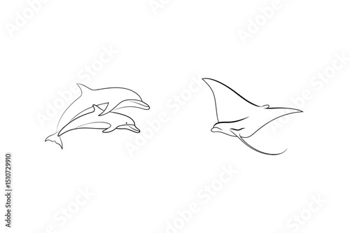 Simple line art depicting a pod of dolphins and a graceful stingray swimming