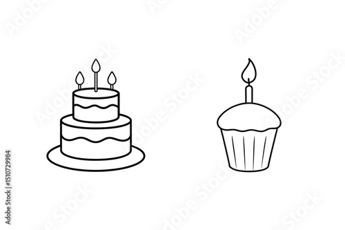 Simple black and white line drawings of a birthday cake and cupcake with candles