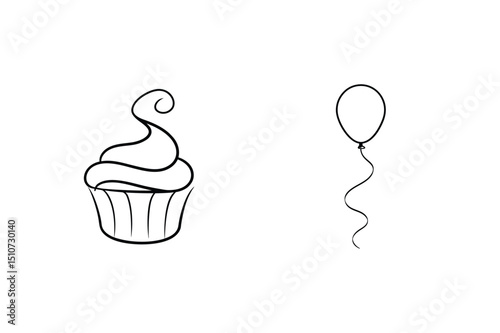 Simple hand drawn cupcake and balloon vector illustration perfect for birthday invitations or designs