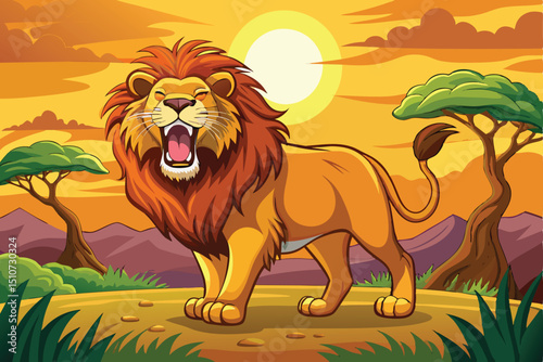 Cartoon Lion Roaring in African Savannah Landscape with Trees and Sunset