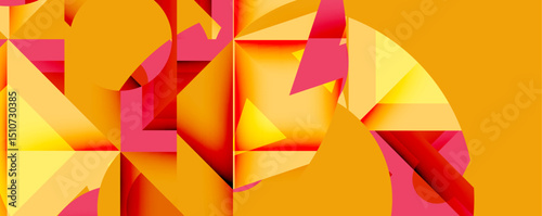 Abstract geometric composition. Bright yellow, orange, red shapes intersect creating dynamic visual texture. Modern design elements present.