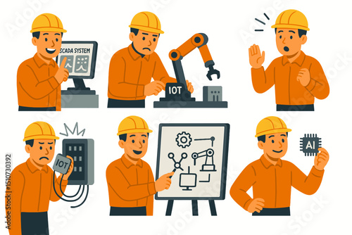 Engineer in automation scenes SCADA setup, robot arm assembly, IOT error check, confident automation presentation, simple vector art