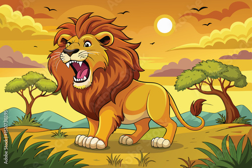 Cartoon Lion Roaring in the African Savannah at Sunset Illustration
