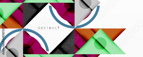 Geometric shapes, vibrant colors create modern abstract design. Overlapping layers, clean lines define composition. Minimalist style.