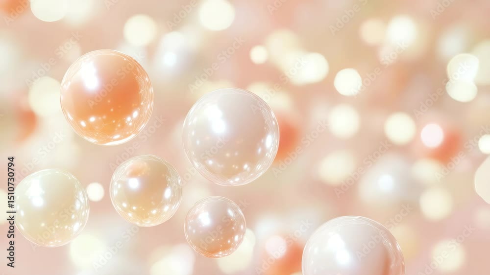Multiple shiny, white and peach pearls of different sizes float gently against a soft pink background with bokeh effects, creating a luxurious and elegant atmosphere