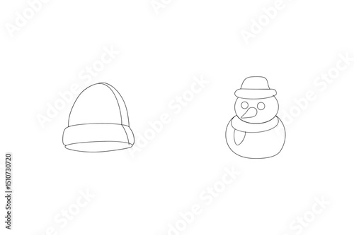 Simple line drawing of a beanie and a cheerful snowman for winter holidays